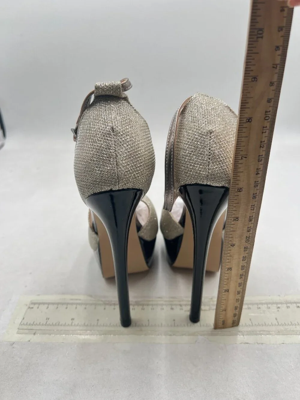 FSJ Champagne Peep Toe Stiletto Heel Sparkly Ankle Strap Platform Sandals